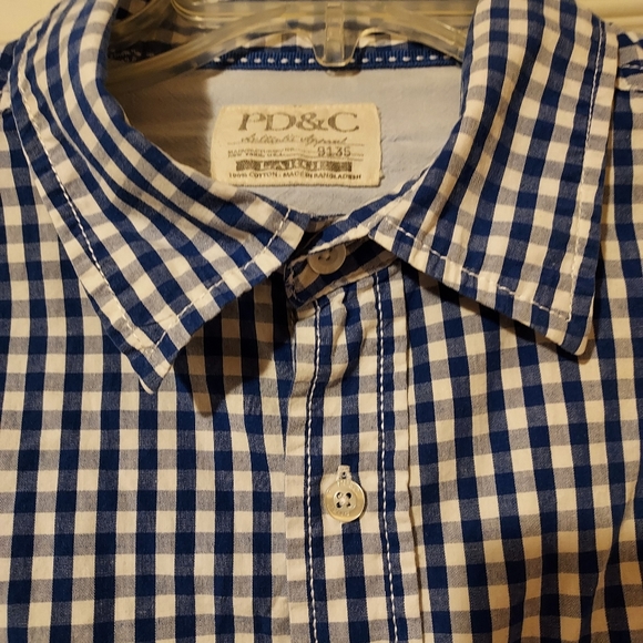 PD&C Mens Blue White Check Long Sleeved Button Up Shirt Size Large Cotton - Picture 2 of 13